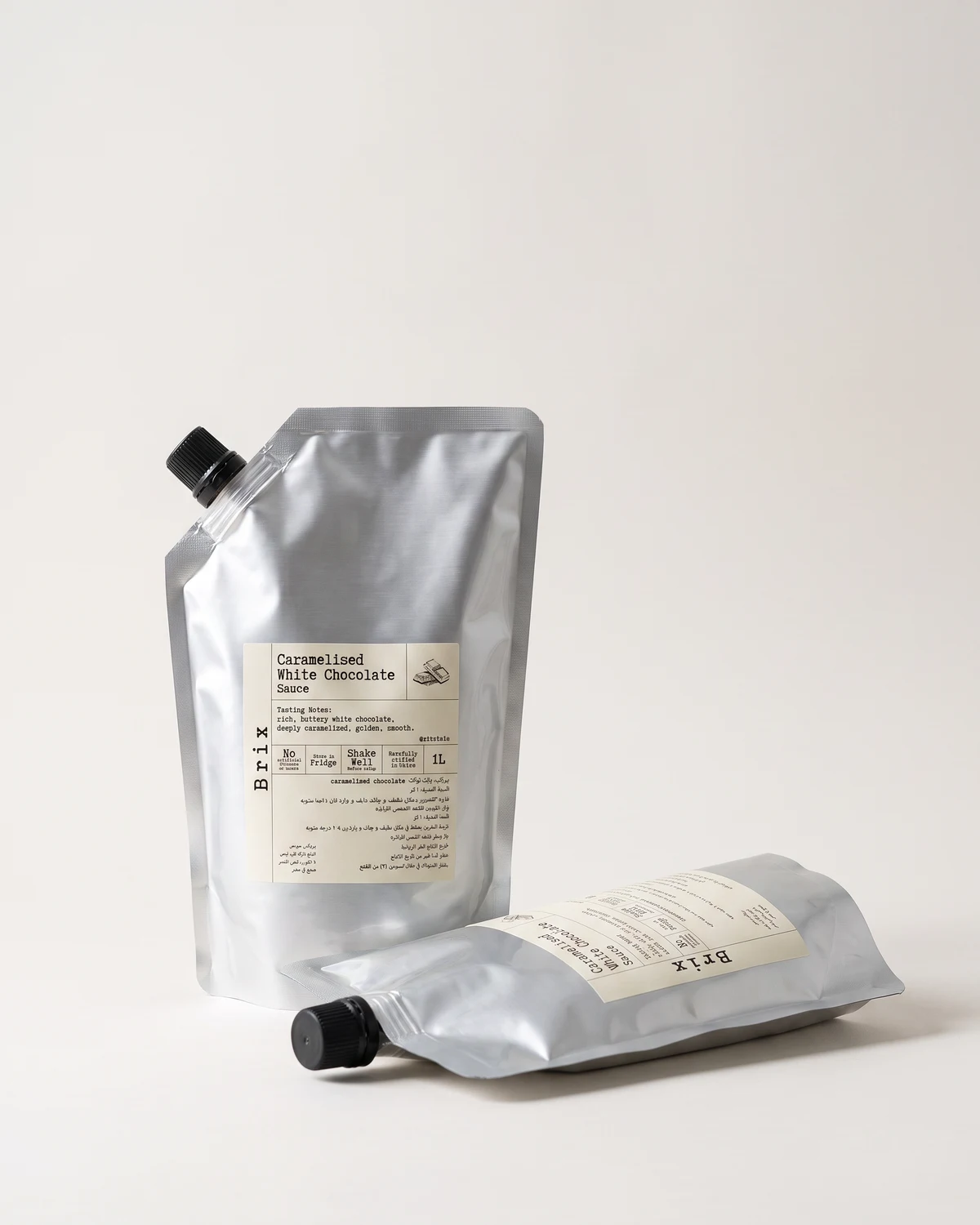 Two 1 litre Brix sauce pouches in brushed silver foil